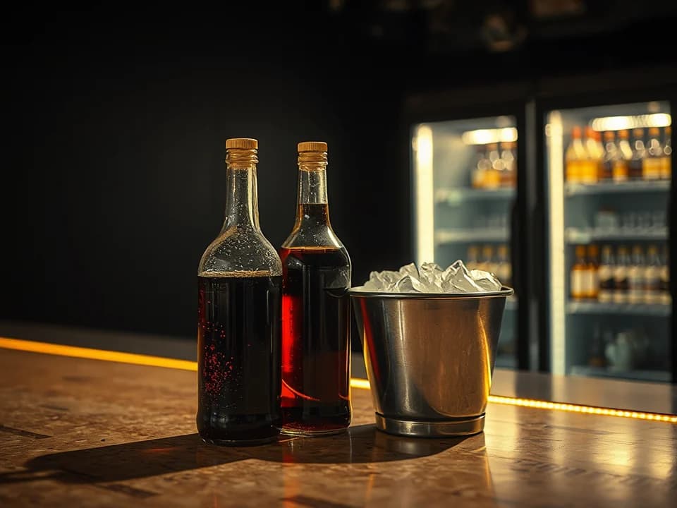 Botella de fernet servida para la mesa, con cola y hielo
