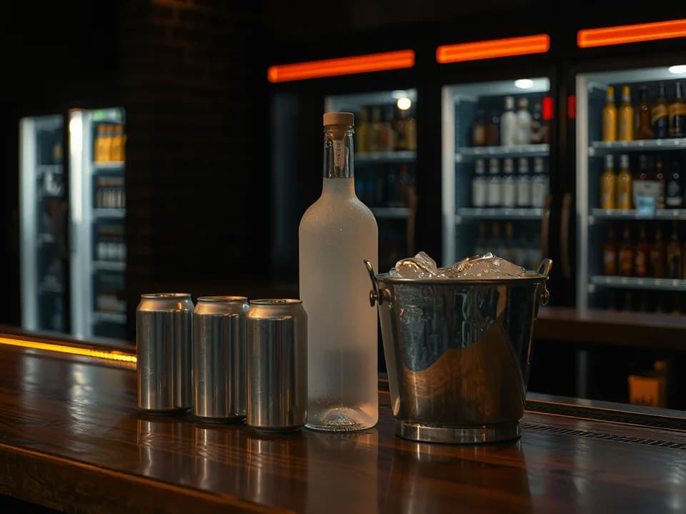 Botella de vodka servida para la mesa, con energizantes y hielo