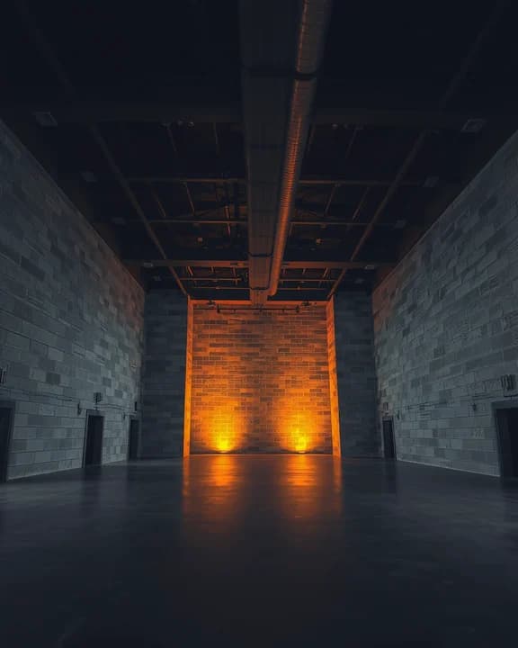 El salón de ARENA vacío: bloque de hormigón visto, techo negro y cemento alisado