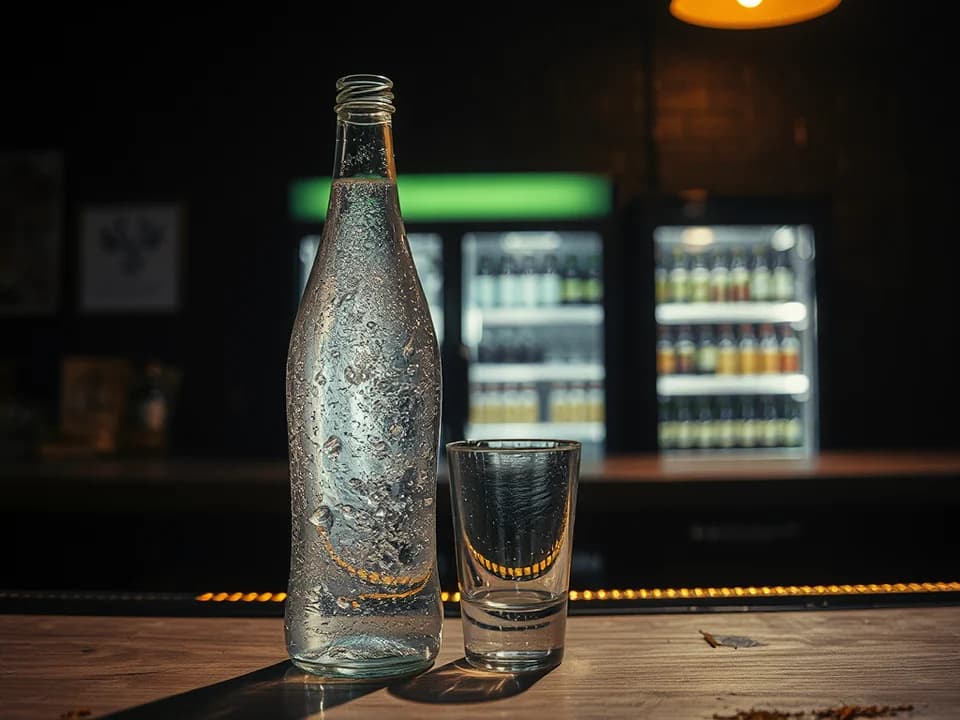 Botella de agua con gas en la barra de ARENA