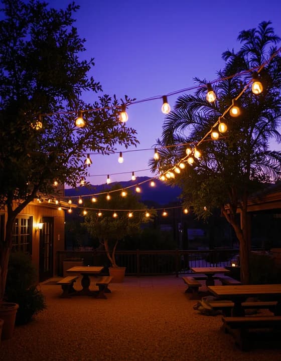 El patio de ARENA con guirnaldas de luces bajo el cielo del anochecer
